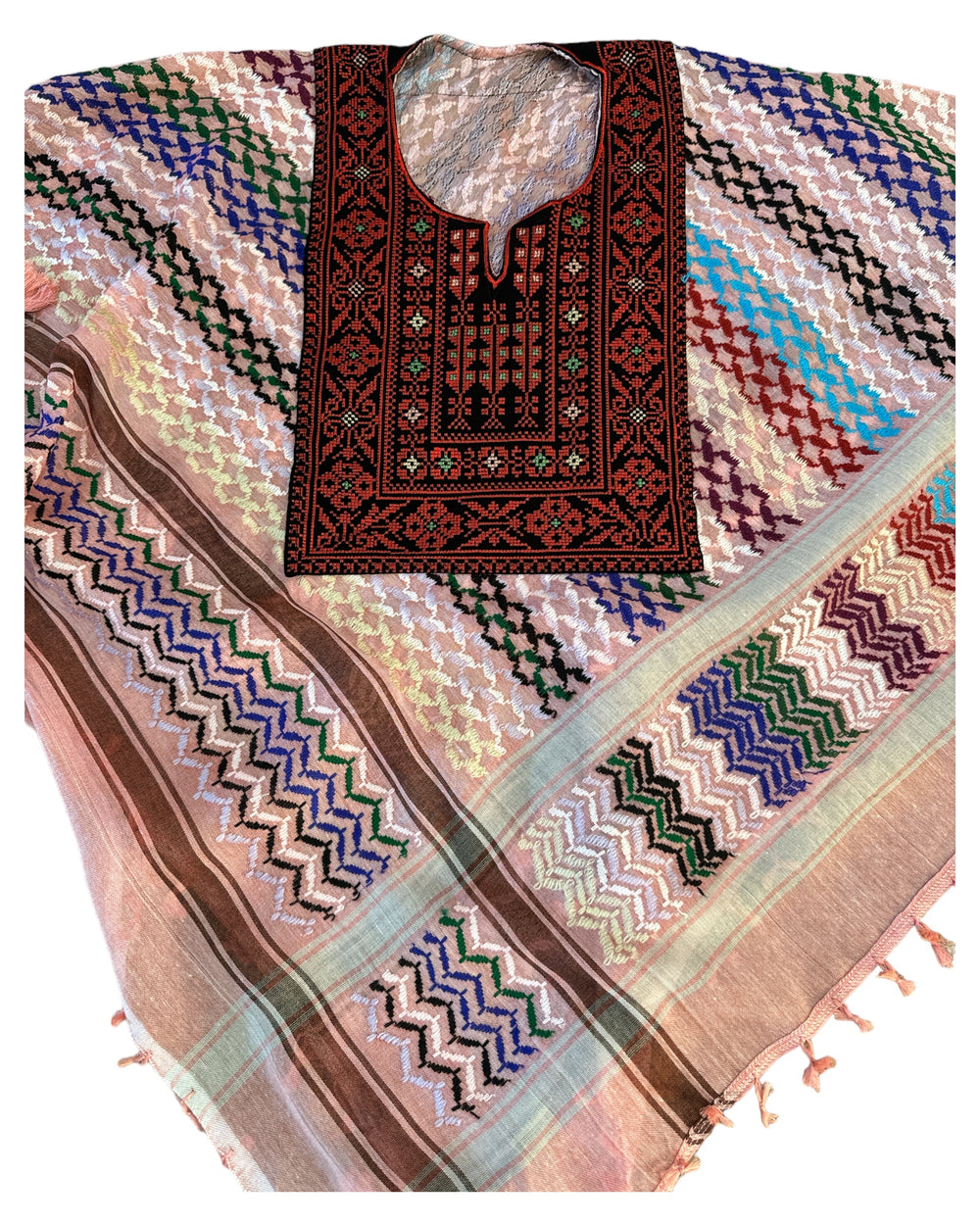 Hand Stitched Pink & Multi-Coloured Poncho with Keffiyeh design and Embroidery