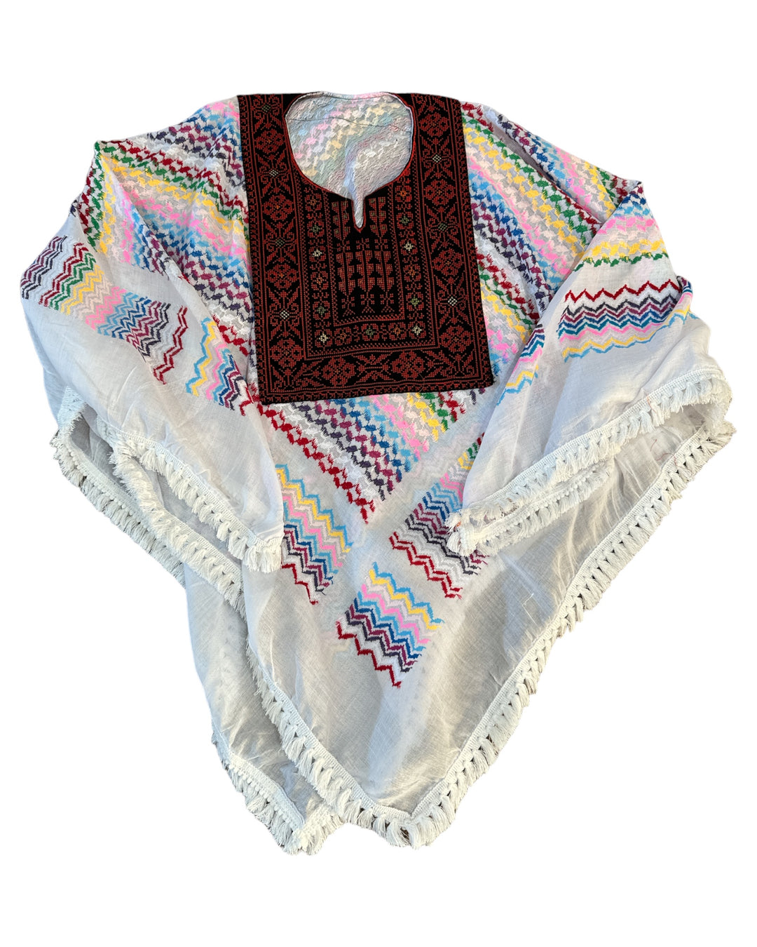 Hand Stitched White & Multi-Coloured Poncho with Keffiyeh design and Embroidery