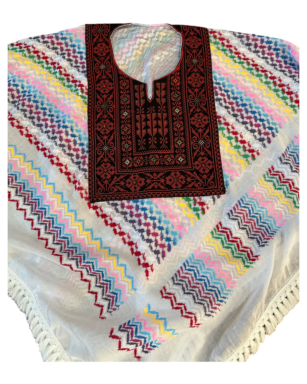 Hand Stitched White & Multi-Coloured Poncho with Keffiyeh design and Embroidery