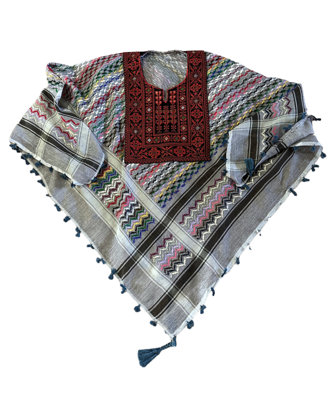 Hand Stitched Grey & Multi-Coloured Poncho with Keffiyeh design and Embroidery