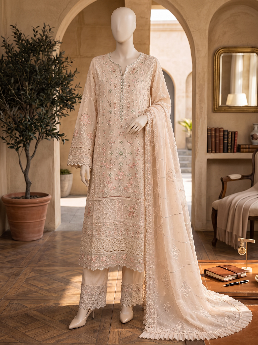 Sahar-e-Gul Champagne Peach Embroidered Chiffon Shalwar Kameez