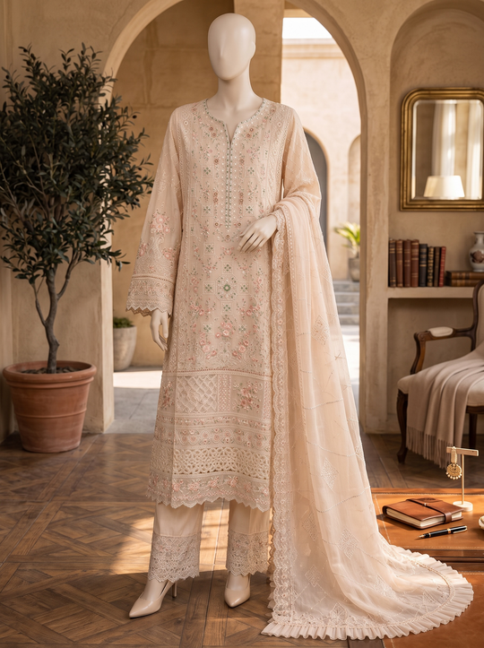 Sahar-e-Gul Champagne Peach Embroidered Chiffon Shalwar Kameez