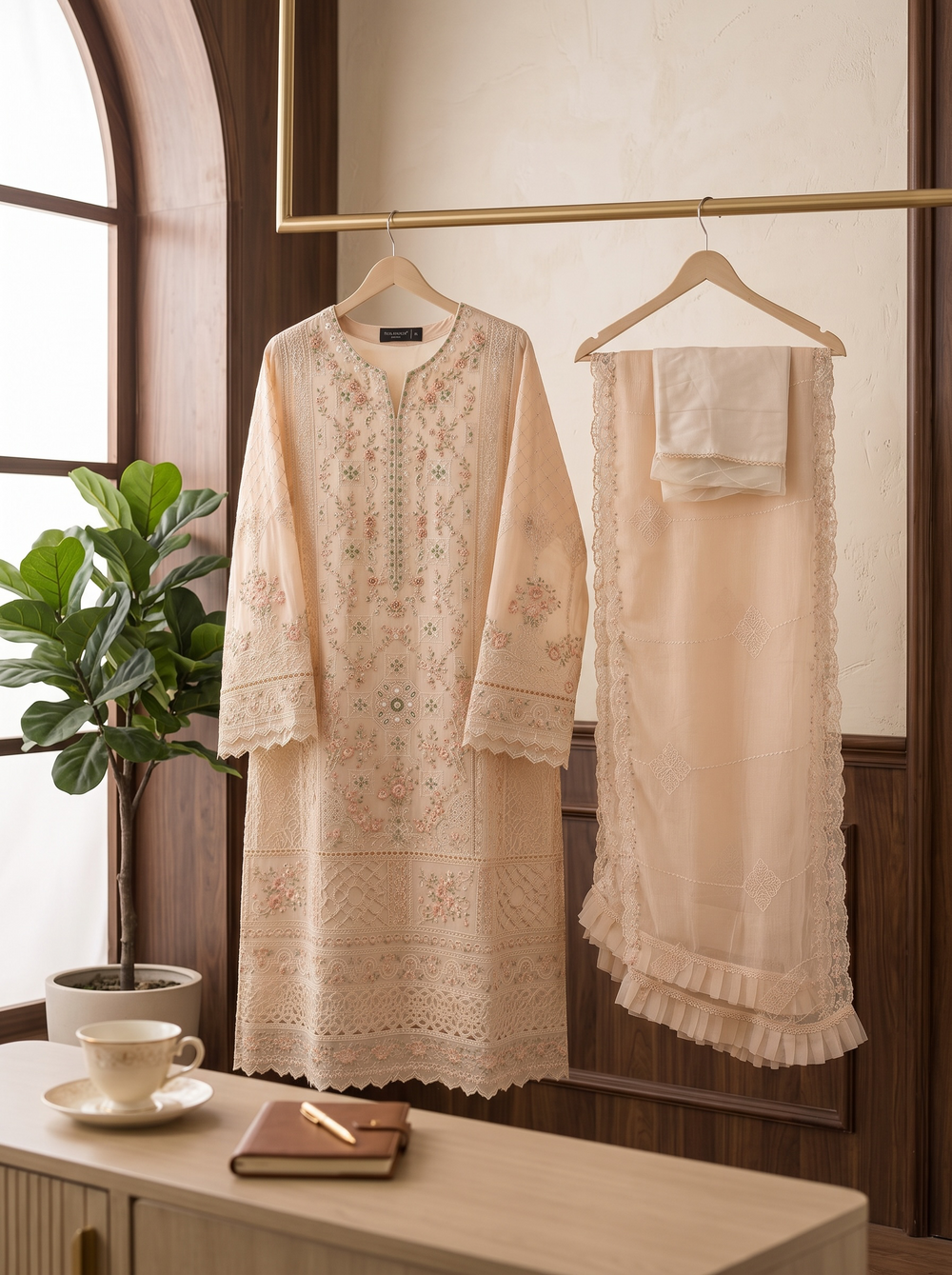 Sahar-e-Gul Champagne Peach Embroidered Chiffon Shalwar Kameez