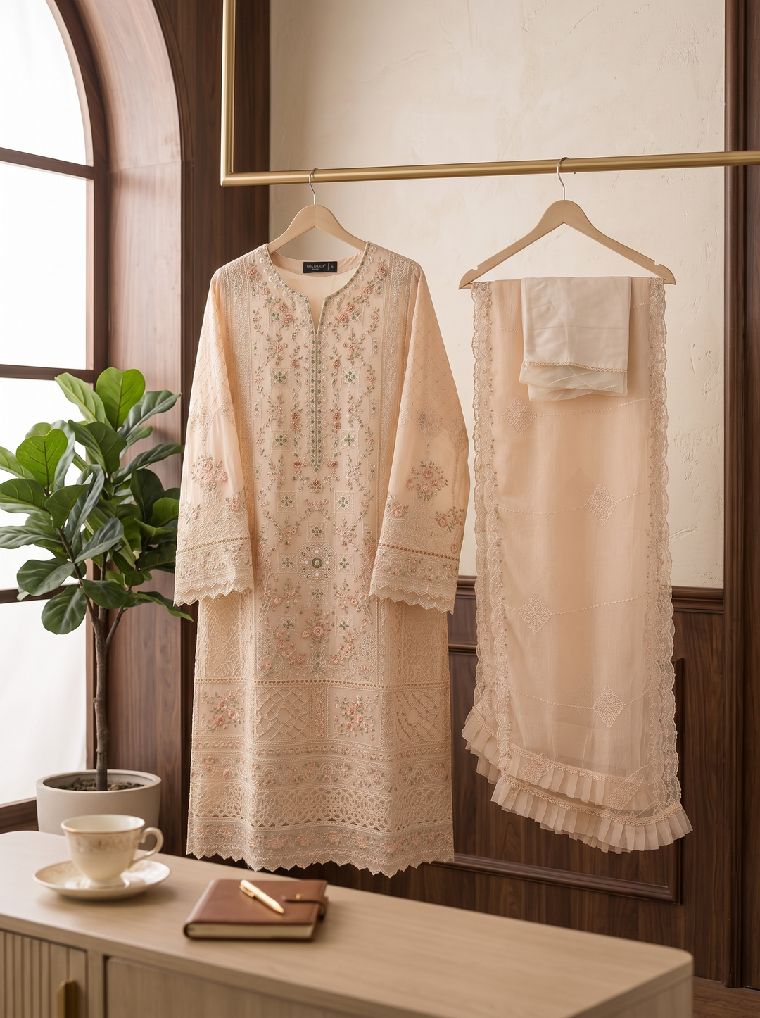 Sahar-e-Gul Champagne Peach Embroidered Chiffon Shalwar Kameez
