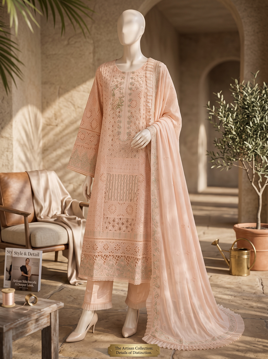 Noura Peach Blossom Embroidered Chiffon Shalwar Kameez