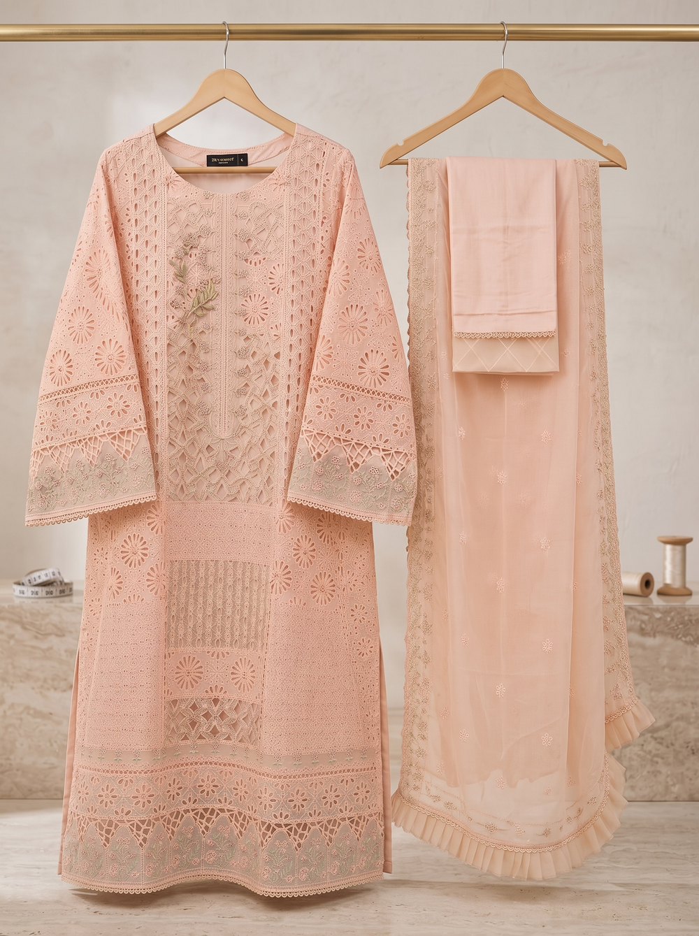 Noura Peach Blossom Embroidered Chiffon Shalwar Kameez