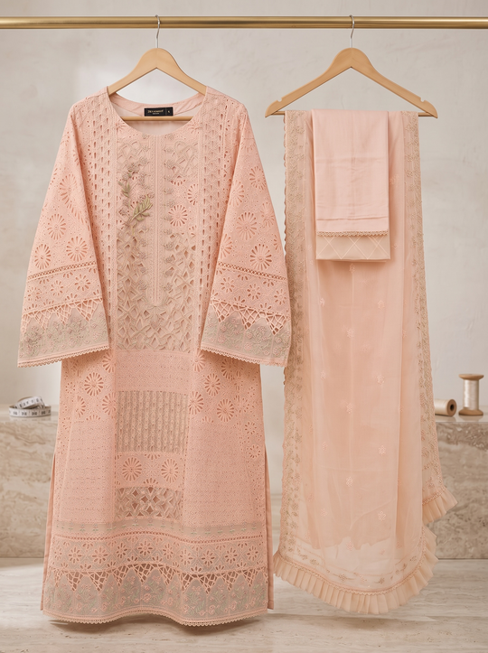Noura Peach Blossom Embroidered Chiffon Shalwar Kameez