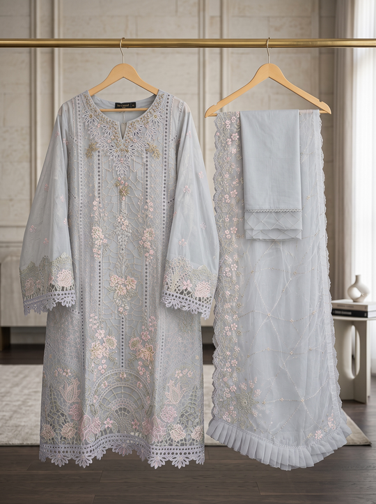 Luna Bloom Mist Grey Embroidered Chiffon Shalwar Kameez