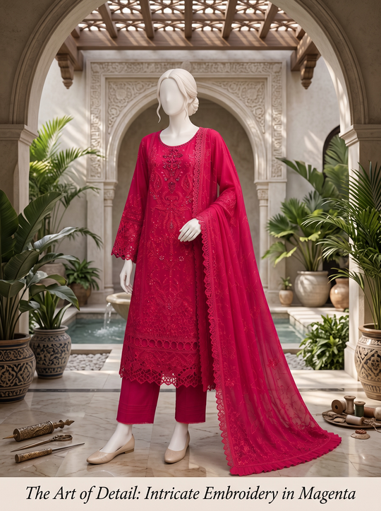 Ruba Rouge Fuchsia Embroidered Chiffon Shalwar Kameez