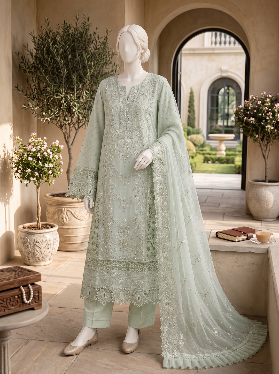 Safa Mint Embroidered Chiffon Shalwar Kameez