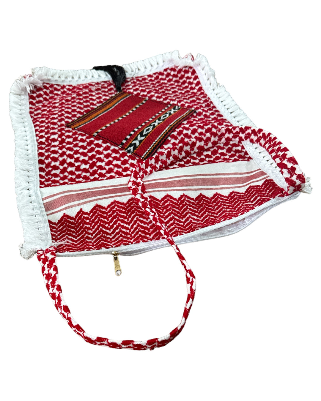 The Red & White Keffiyeh Handbag with Traditional Embroidery & Tarboosh 1– A Tapestry of Heritage and Style