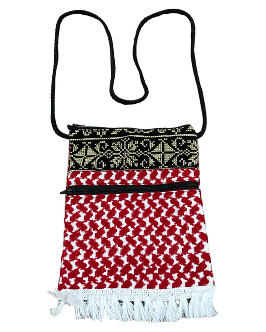 Keffiyeh Handmade Cross-Body Bag: Stylish Red & White Pattern