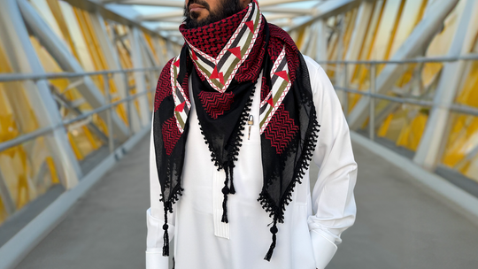 Palestine Flag Embroidered Heritage Kuffiyeh (Red & Black)