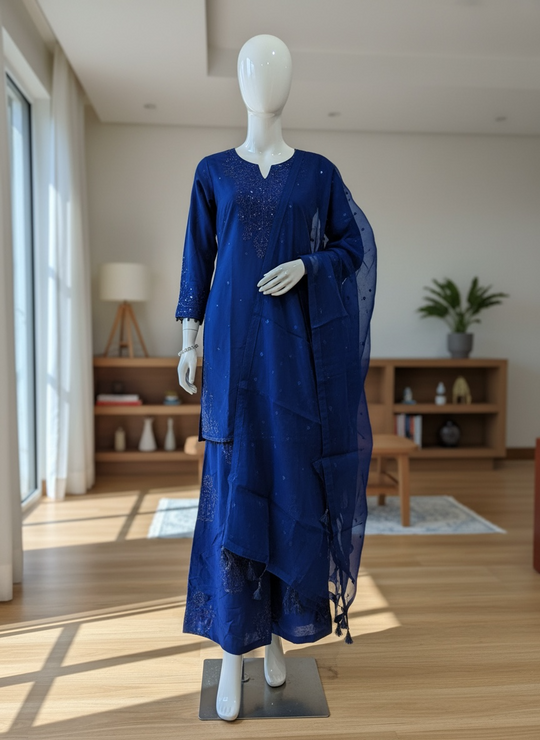 Royal Azure Raw Silk Shalwar Kameez Set (Extra Small)