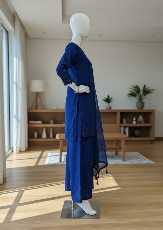 Royal Azure Raw Silk Shalwar Kameez Set (Extra Small)