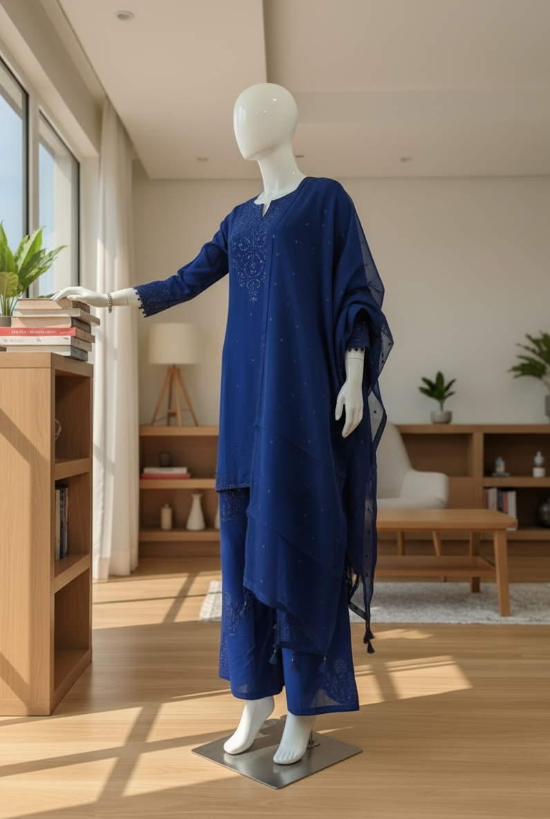 Royal Azure Raw Silk Shalwar Kameez Set (Extra Small)
