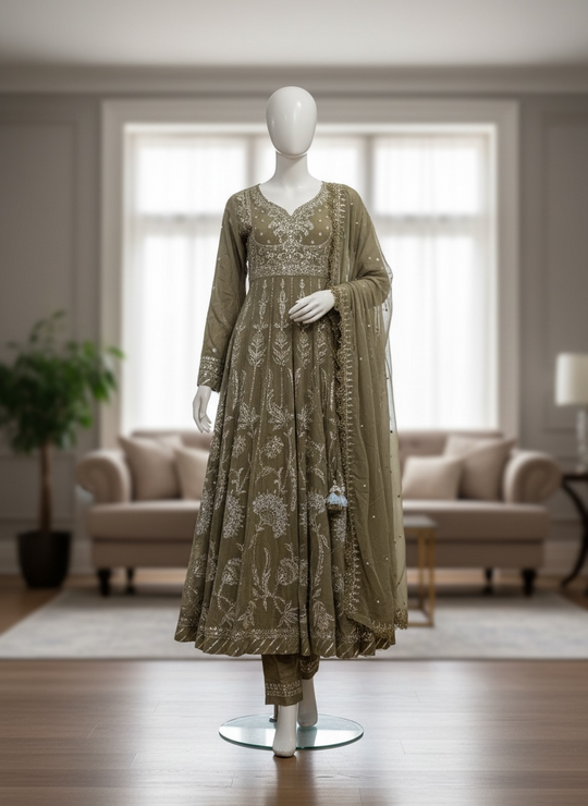 Olive Mist Paper Cotton Shalwar Kameez Set (Small)