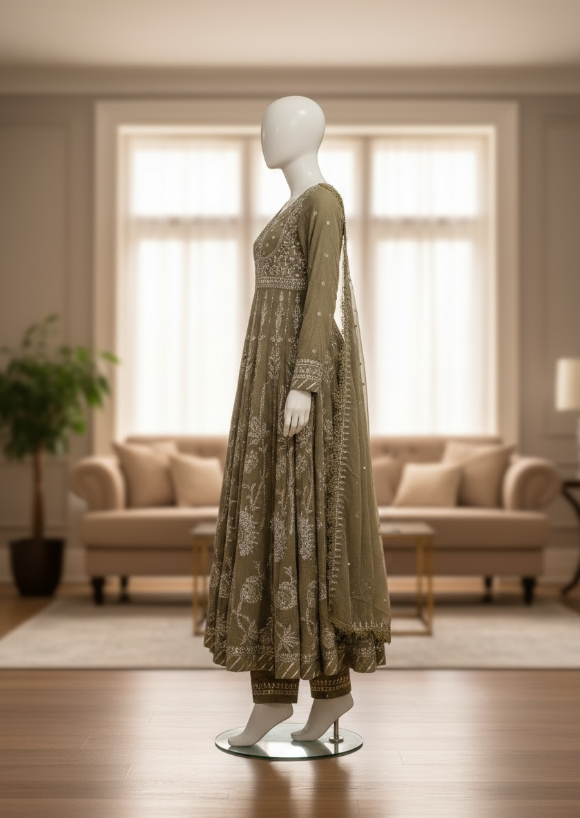 Olive Mist Paper Cotton Shalwar Kameez Set (Small)