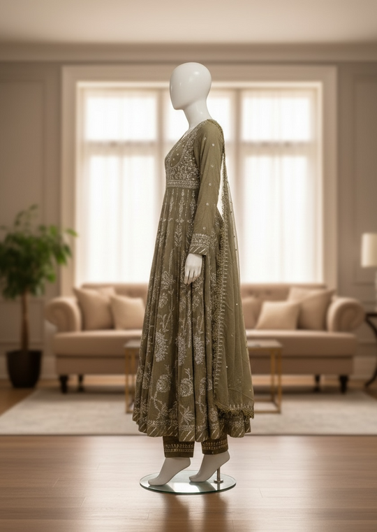 Olive Mist Paper Cotton Shalwar Kameez Set (Small)