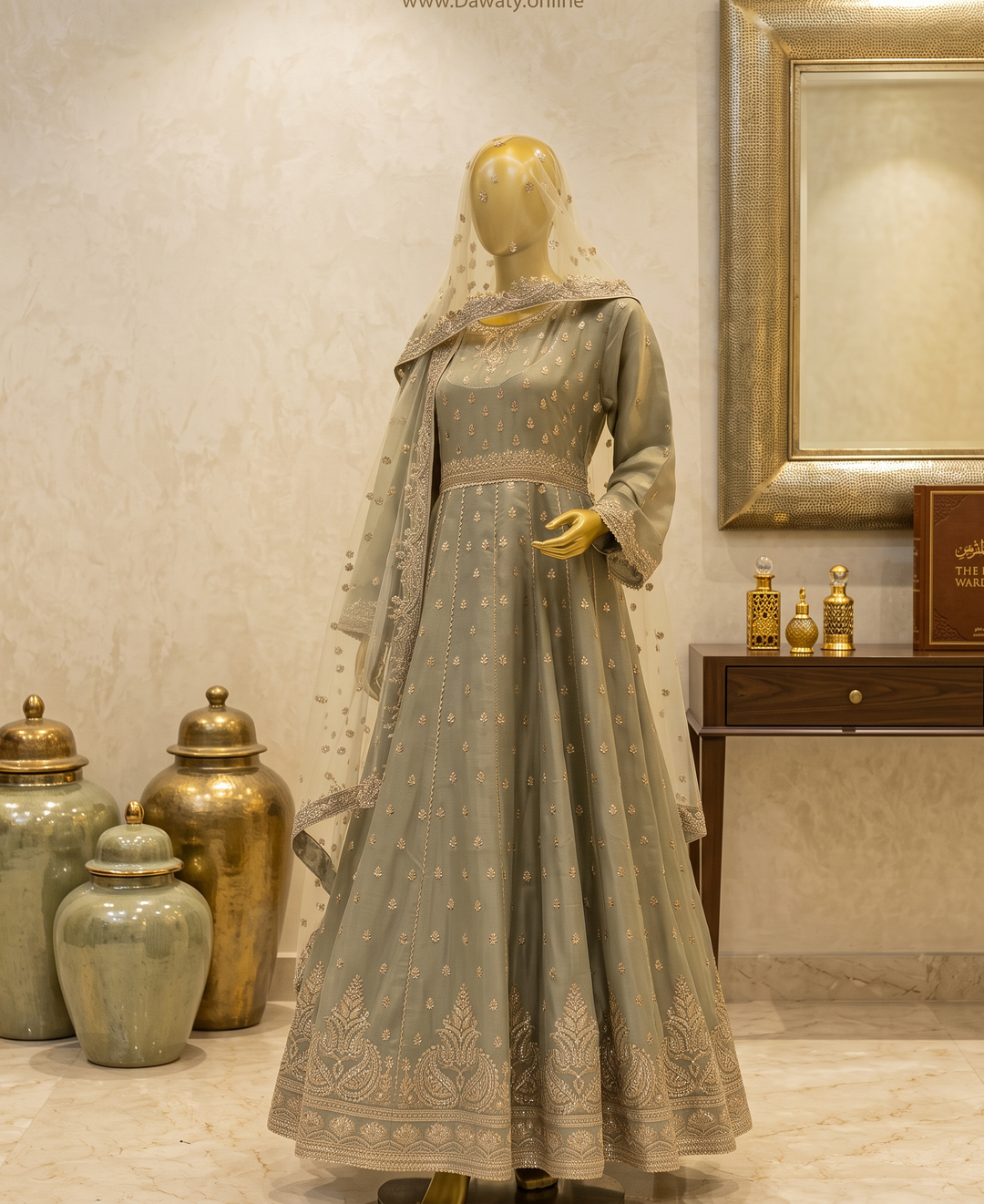 Sage Noor Embroidered Anarkali Gown