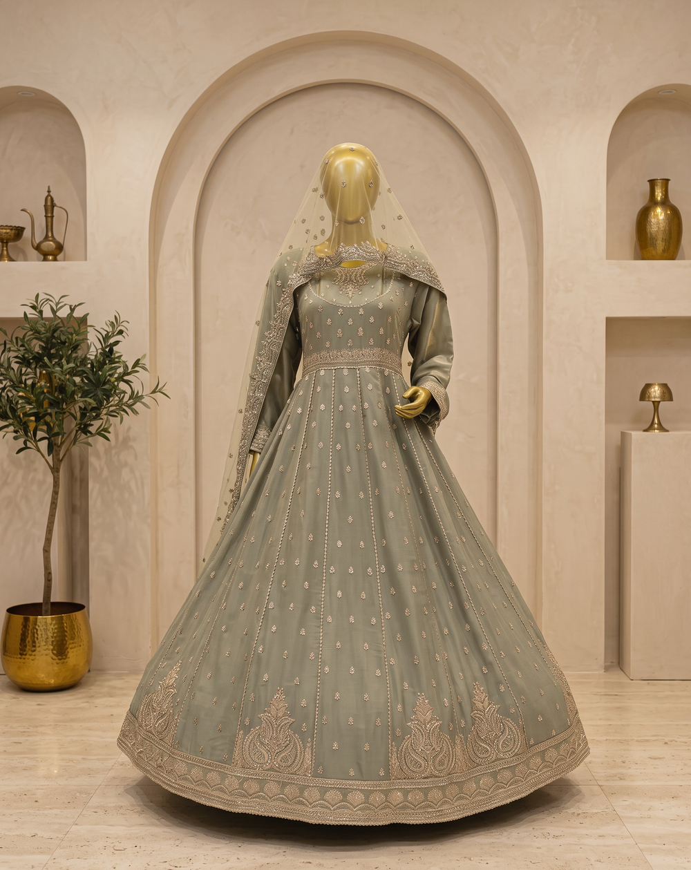 Sage Noor Embroidered Anarkali Gown