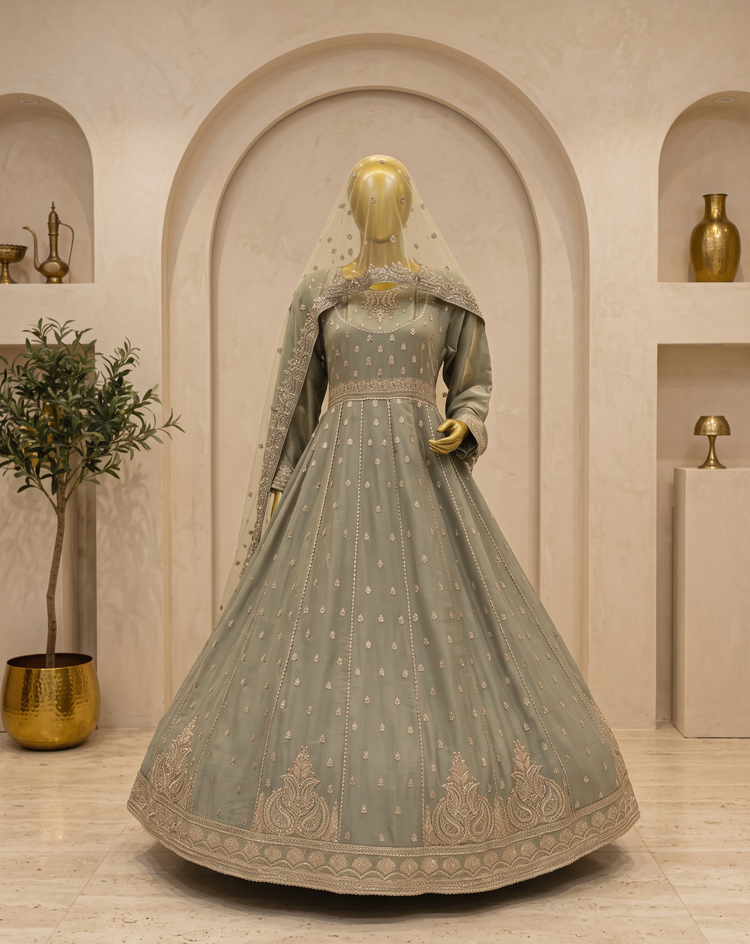 Sage Noor Embroidered Anarkali Gown