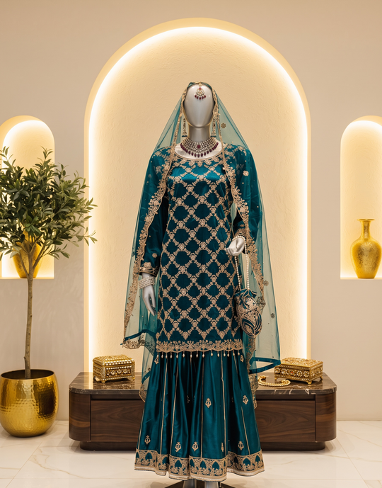 Teal Zareen Embroidered Sharara Set
