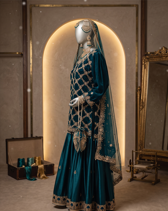 Teal Zareen Embroidered Sharara Set