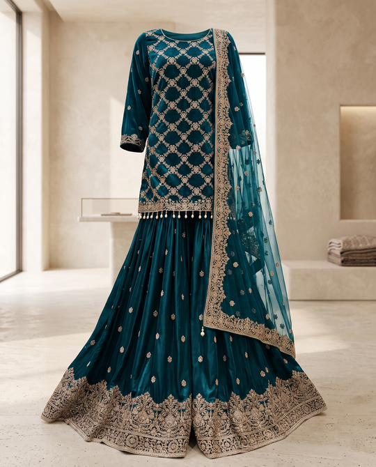 Teal Zareen Embroidered Sharara Set