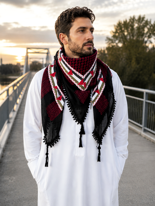 Palestine Flag Embroidered Kuffiyeh – Red & Black