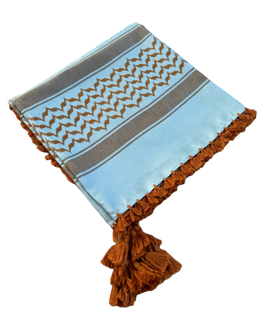 Shami symbolique de Palestine, motif bleu clair et marron caramel avec tresses Zuhd Shemag 43 