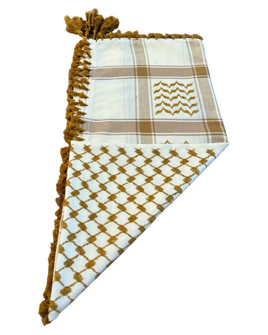 Palestine's Symbolic Shami Pale Yellow and Gold Pattern Design with Braids Zuhd Shemag 32