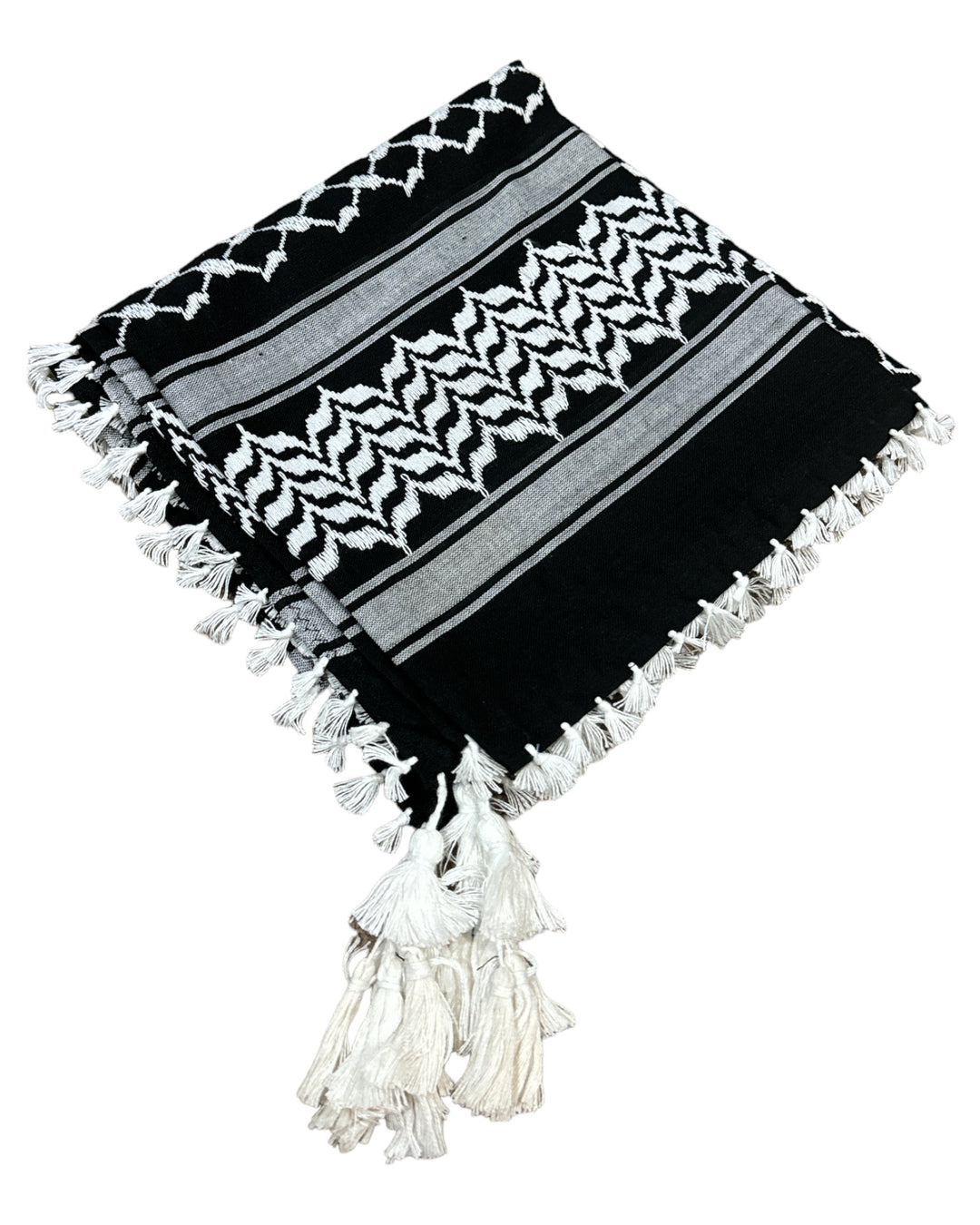PALESTINE'S SYMBOLIC SHAMI black and white PATTERN DESIGN WITH BRAIDS ZUHD SHEMAG 50