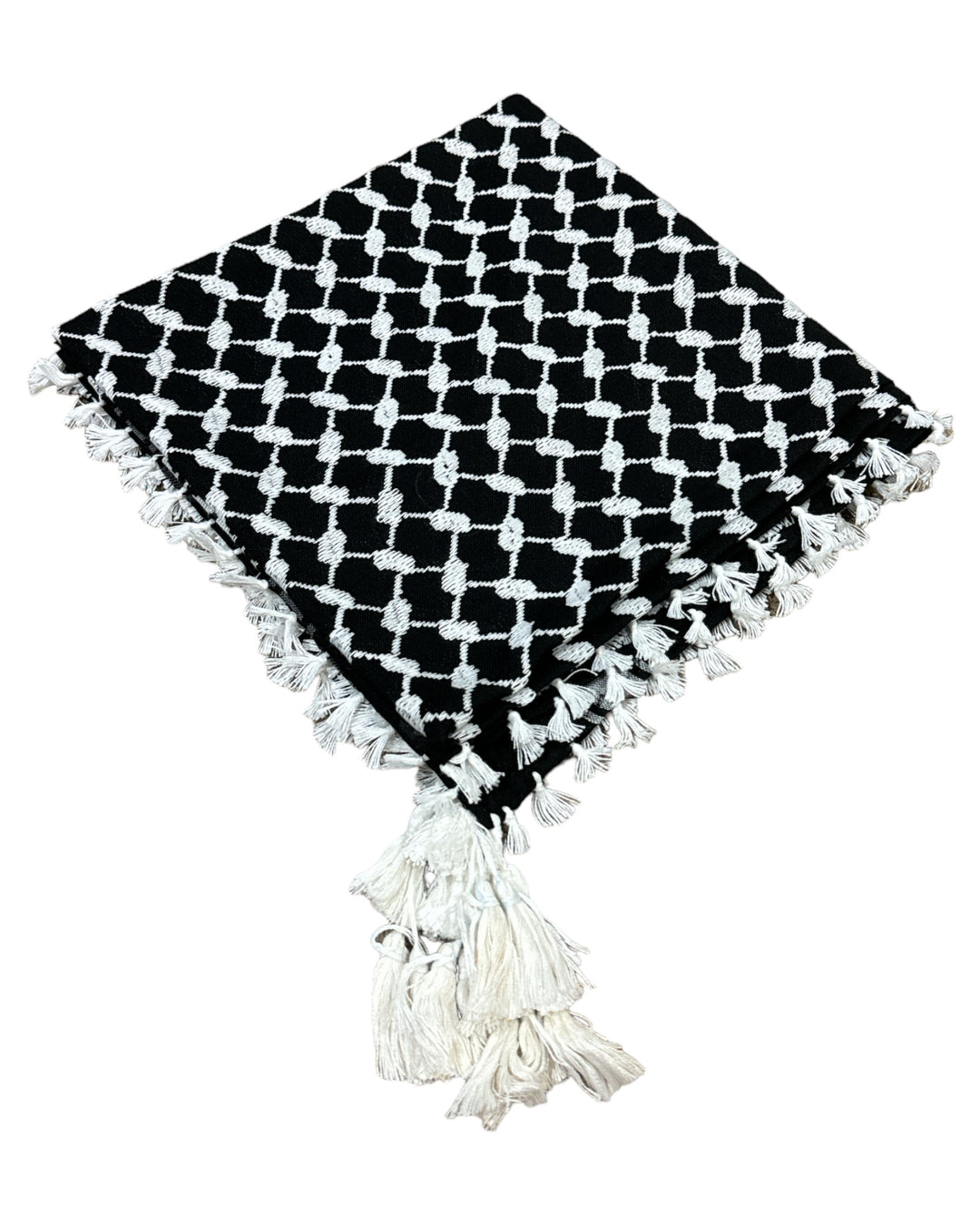 PALESTINE'S SYMBOLIC SHAMI black and white PATTERN DESIGN WITH BRAIDS ZUHD SHEMAG 50