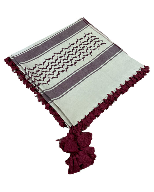 PALESTINE'S SYMBOLIC SHAMI tan brown and maroon PATTERN DESIGN WITH BRAIDS ZUHD SHEMAG 54