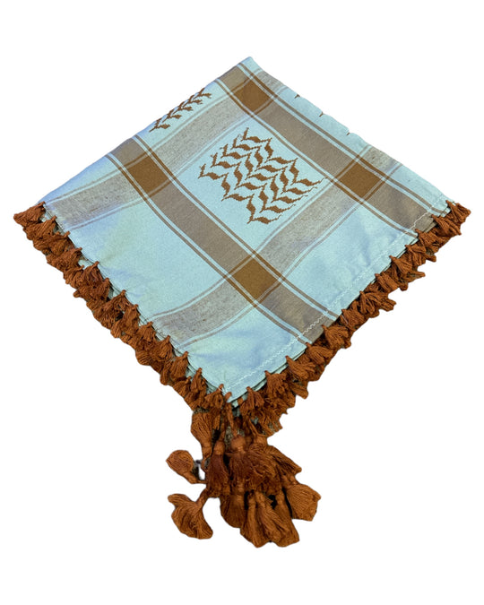PALESTINE'S SYMBOLIC SHAMI light blue and caramel brown PATTERN DESIGN WITH BRAIDS ZUHD SHEMAG 61