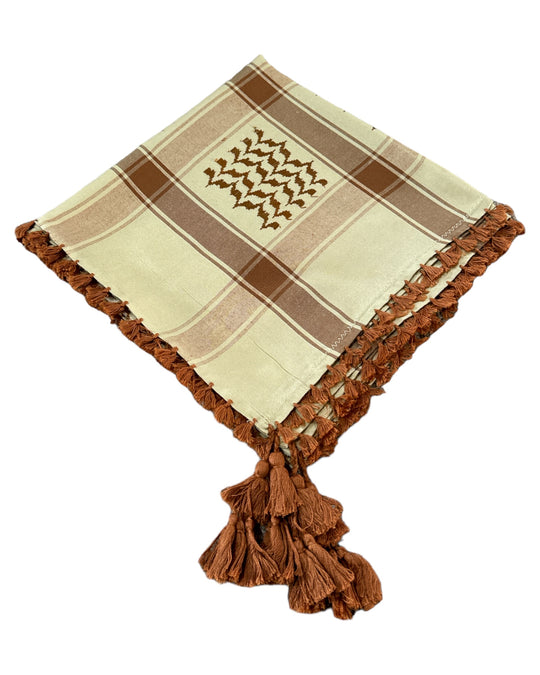 PALESTINE'S SYMBOLIC SHAMI  light brown and caramel brown  PATTERN DESIGN WITH BRAIDS ZUHD SHEMAG 69