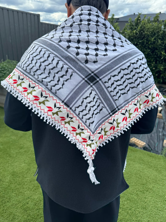 The Olive Blossom Keffiyeh – Embroidered Heritage Edition