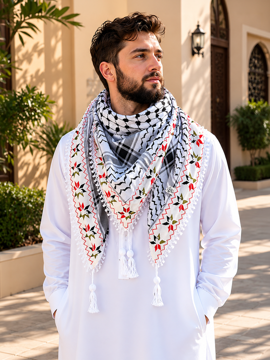 The Olive Blossom Keffiyeh – Embroidered Heritage Edition