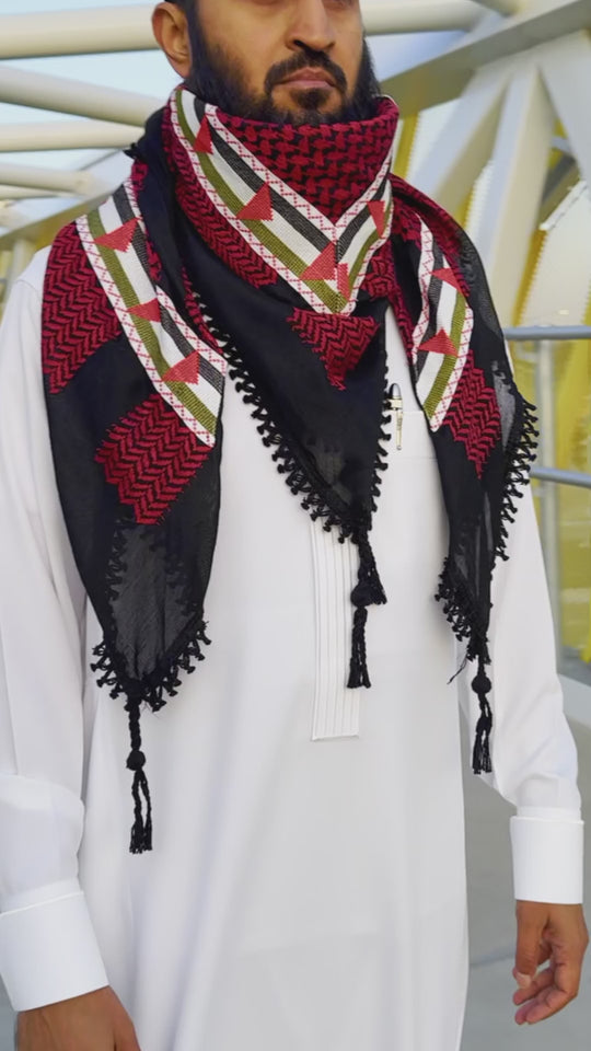 Palestine Flag Embroidered Heritage Kuffiyeh (Red & Black)